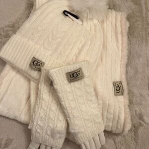 - UGG Winter White pom pom hat infinity scarf & glove set NWT